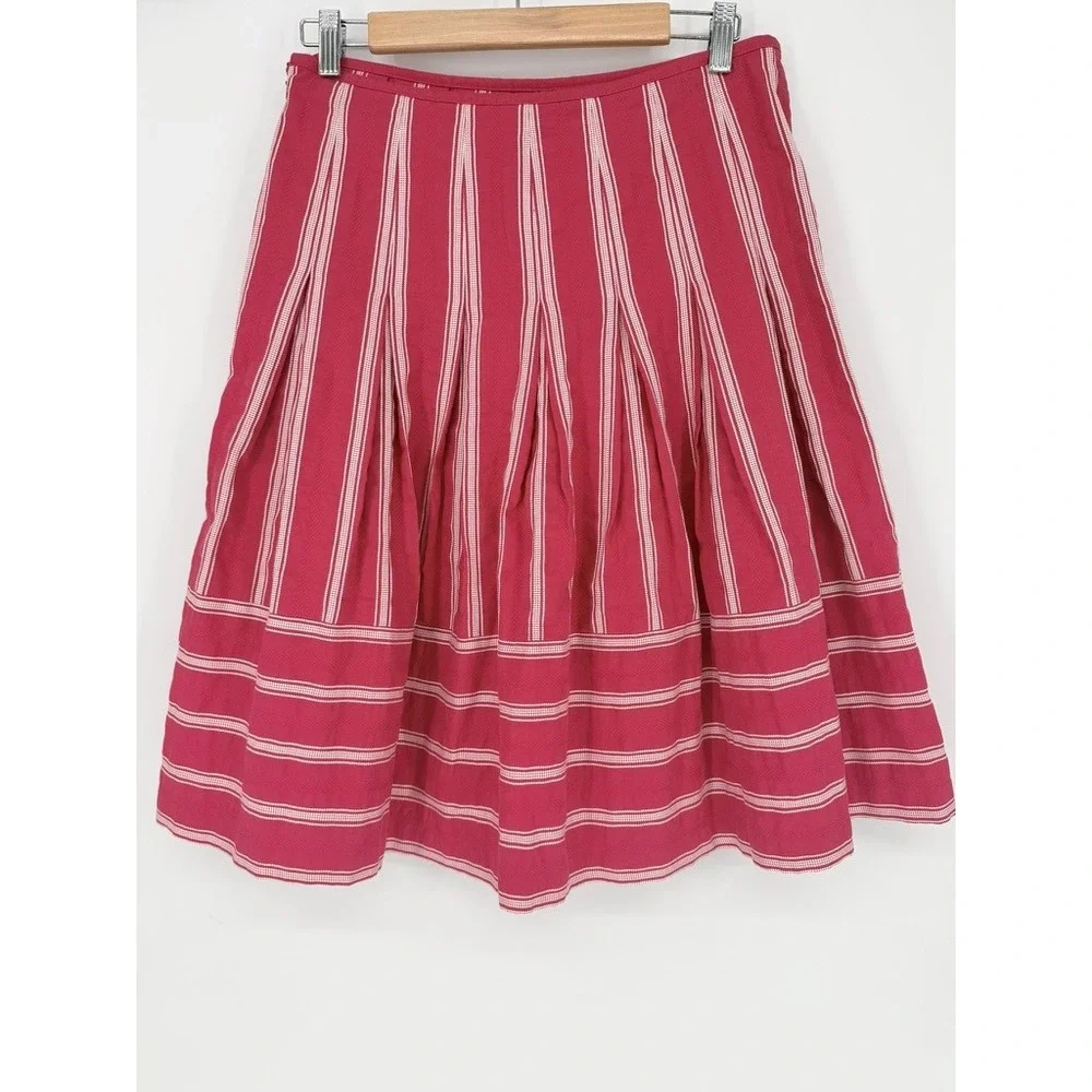 Talbots Womens Red White Striped‎ Pleated Cotton Skirt Embroidery Preppy Twee 6